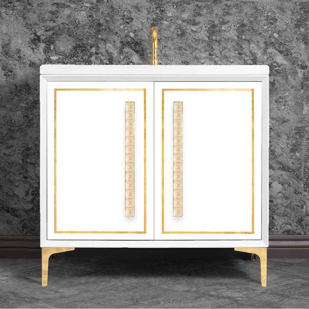 Linkasink - LINEA with 18'' Artisan Glass Pyramid Hardware 36'' Wide Vanity, White, Polished Brass Hardware, 36'' x 22'' x 33.5'' (without vanity top) - Polished Brass with Ã‰glomisÃ© Pyramid Glass