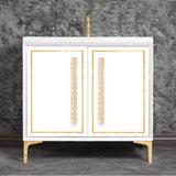 Linkasink - LINEA with 18'' Artisan Glass Pyramid Hardware 36'' Wide Vanity, White, Polished Brass Hardware, 36'' x 22'' x 33.5'' (without vanity top) - Polished Brass with Ã‰glomisÃ© Pyramid Glass