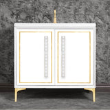 Linkasink - LINEA with 18'' Artisan Glass Pyramid Hardware 36'' Wide Vanity, White, Satin Brass Hardware, 36'' x 22'' x 33.5'' (without vanity top) - Satin Brass with White Pyramid Glass