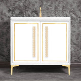 Linkasink - LINEA with 18'' Artisan Glass Pyramid Hardware 36'' Wide Vanity, White, Satin Brass Hardware, 36'' x 22'' x 33.5'' (without vanity top) - Satin Brass with Ã‰glomisÃ© Pyramid Glass