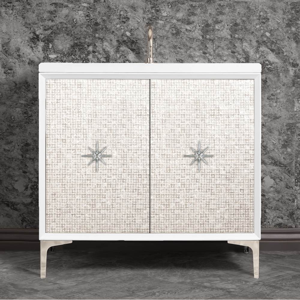 Linkasink - Mother of Pearl with 3'' Polished Nickel Star Hardware, 36'' Wide Vanity, White, 36'' x 22'' x 33.5'' (without vanity top) - Polished Nickel