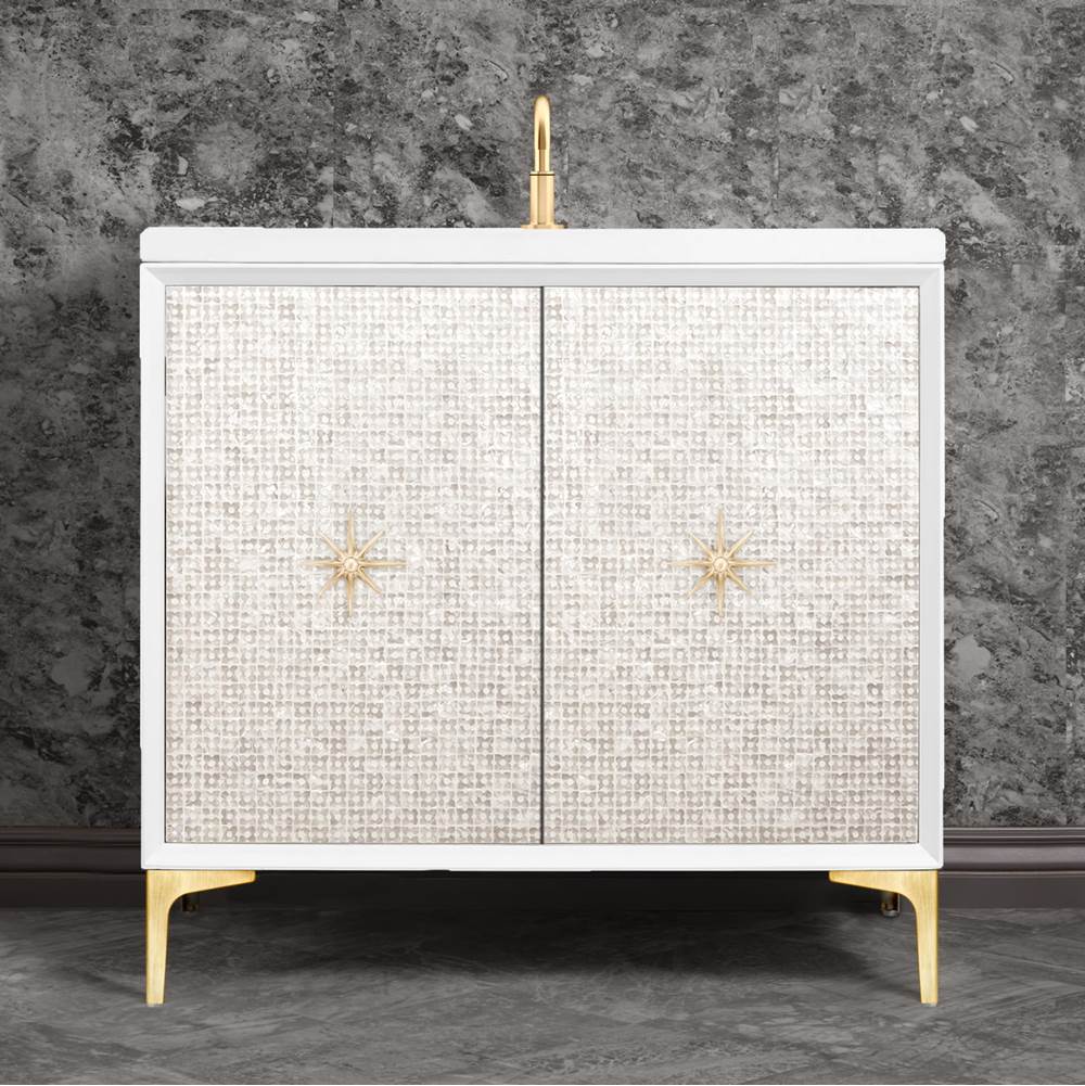 Linkasink - Mother of Pearl with 3'' Satin Brass Star Hardware, 36'' Wide Vanity, White, 36'' x 22'' x 33.5'' (without vanity top) - Satin Brass
