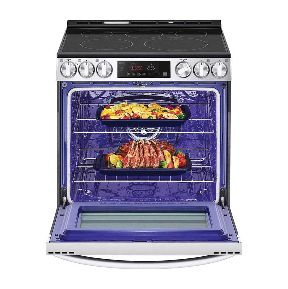 Single Oven Slide-in Electric Range, 6.3 cu-ft, Air Fry, Fan Convection, EasyClean plus Self Clean, ThinQ, PrintProof Black Stainless Steel