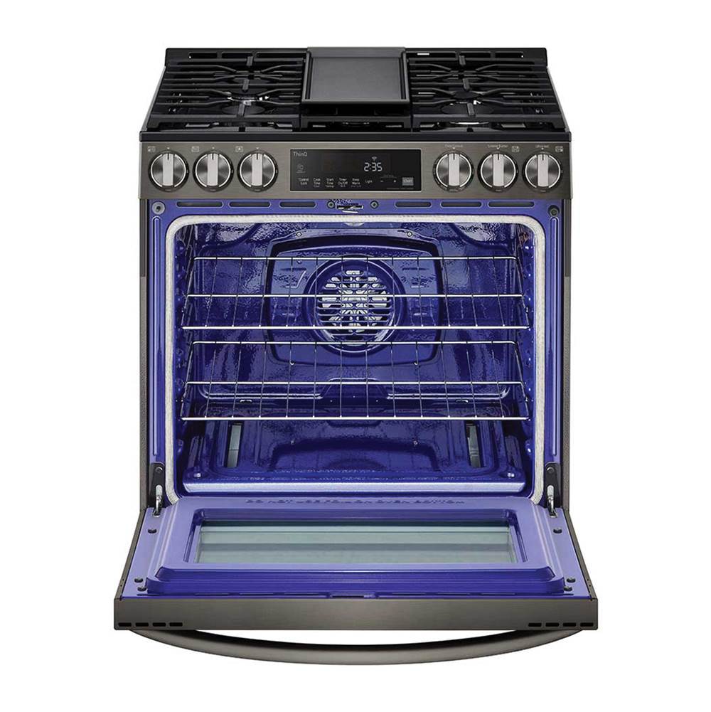 Single Oven Slide-in Gas Range, 5.8 cu-ft, Air Fry, Fan Convection, EasyClean plus Self Clean, ThinQ, PrintProof Black Stainless Steel