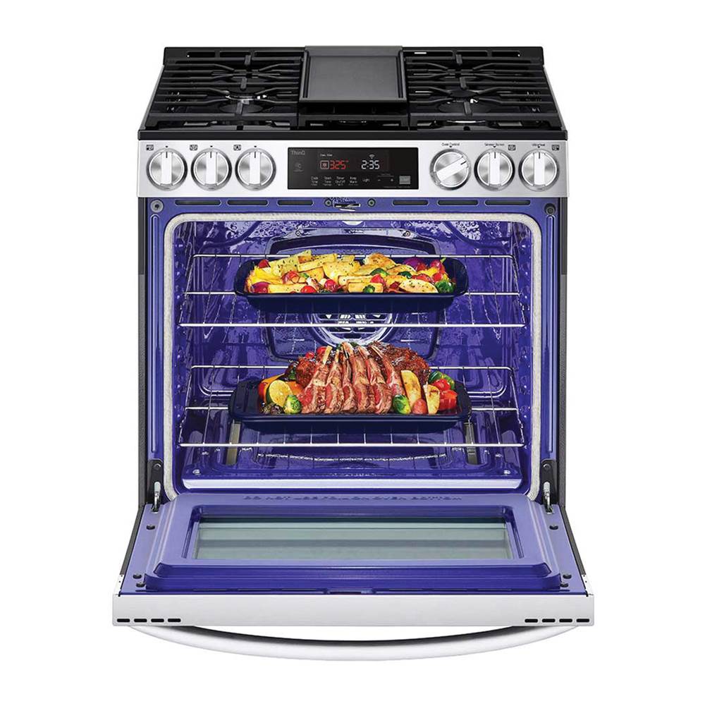 Single Oven Slide-in Gas Range, 5.8 cu-ft, Air Fry, Fan Convection, EasyClean plus Self Clean, ThinQ, PrintProof Black Stainless Steel