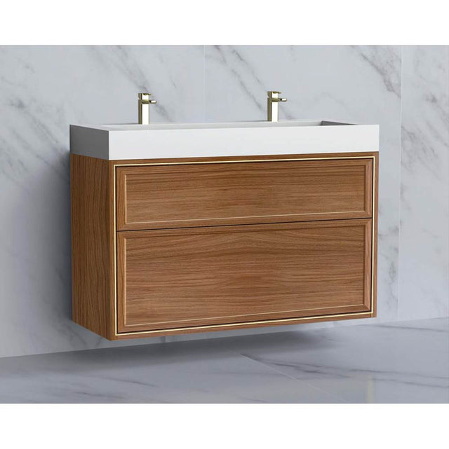 Madeli - Madeli Edge 48D'' Wall hung Vanity Cabinet in Natural Walnut/HW: No Handles - Inlay  Satin Brass(SB) - Natural Walnut With Satin Brass