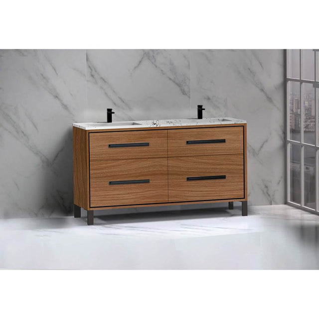 Madeli - Madeli Pinnacle 60D'' Free standing Vanity Cabinet in Natural Walnut/HW: Matte Black(MB) - Natural Walnut With Matte Black