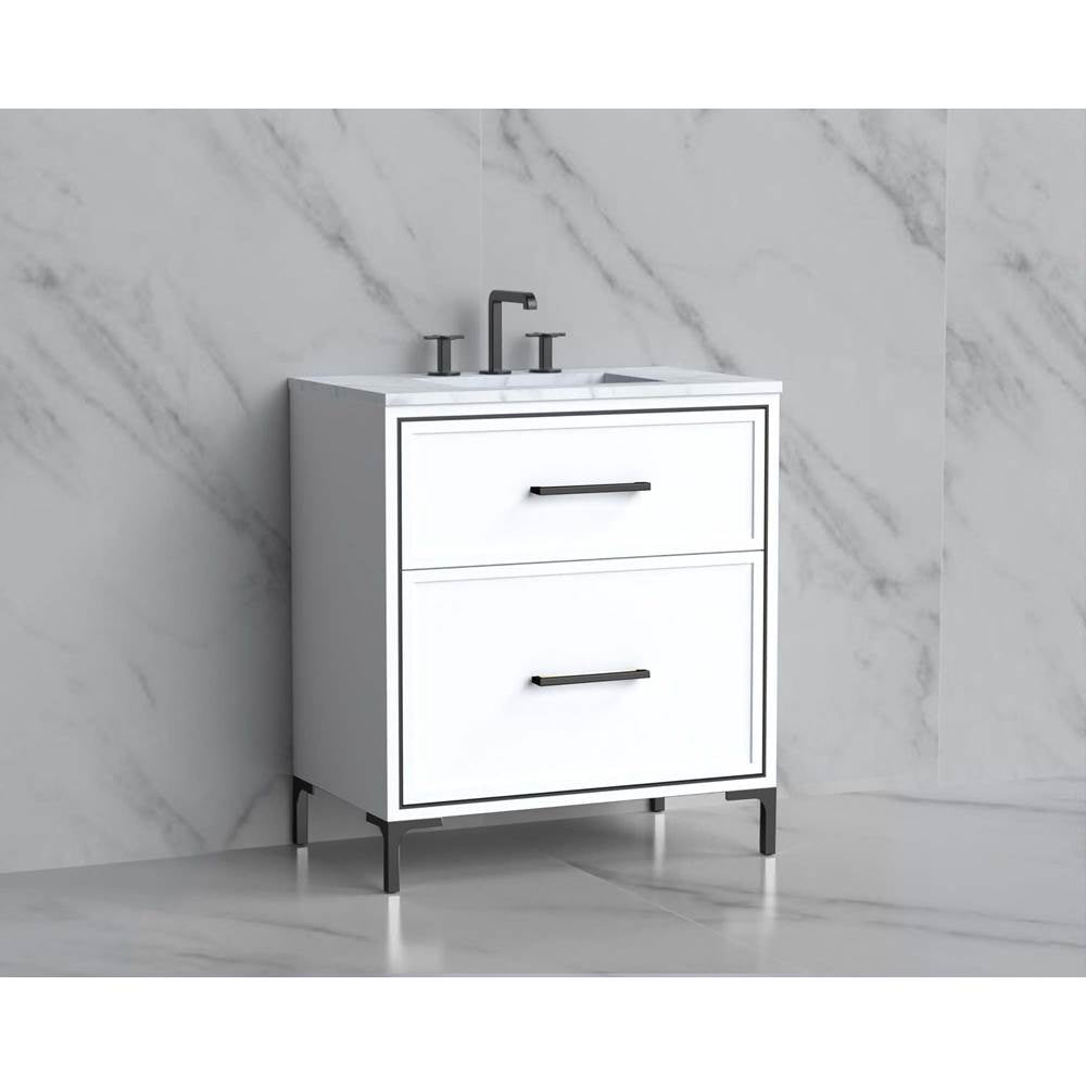 Madeli - Madeli Profile 30'' Free standing Vanity Cabinet in White/HW: Handle & Feet Satin Brass(SB) - White With Satin Brass