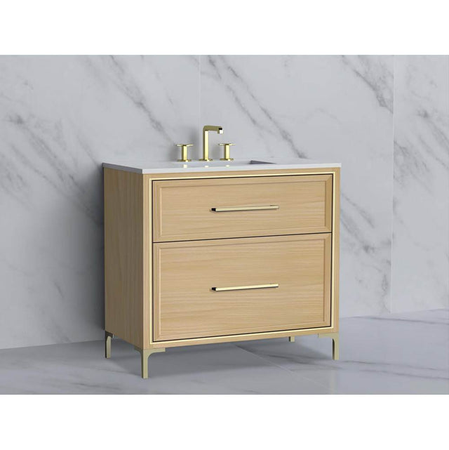 Madeli - Madeli Profile 36'' Free standing Vanity Cabinet in Natural Oak/HW: Handle & Feet Satin Brass(SB) - Natural Oak With Satin Brass