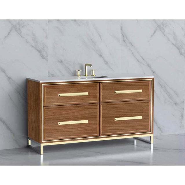 Madeli - Madeli Profile 60C'' Free standing Vanity Cabinet in Natural Walnut/HW: Handle & Feet Brushed Nickel(BN) - Natural Walnut With Brushed Nickel