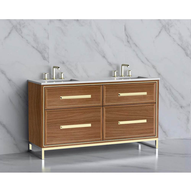 Madeli - Madeli Profile 60D'' Free standing Vanity Cabinet in Natural Walnut/HW: Handle & Feet Brushed Nickel(BN) - Natural Walnut With Brushed Nickel
