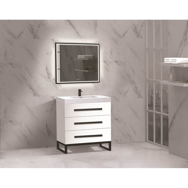 Madeli - Madeli Icon 30'' Free standing Vanity Cabinet in White/HW: Polished Nickel(PN) - White With Polished Nickel