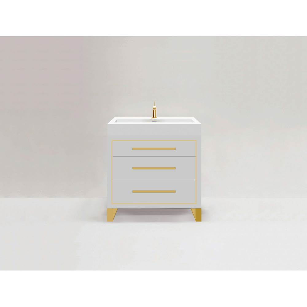 Madeli - Madeli Estate 36'' Free standing Vanity Cabinet in White/HW: Satin Brass(SB) - White With Satin Brass