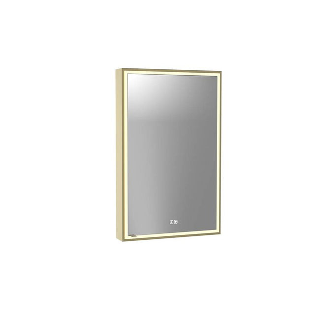 Madeli - Madeli Pioneer Lighted Mirrored Cabinet, Surface Mount, 24'' x 36'' x 4-3/4'', R Hinged, Frame in Satin Brass, 2700/4000K Temperature, Deffoger, Dimmable, Three-direction Light Diffuser - Satin Brass