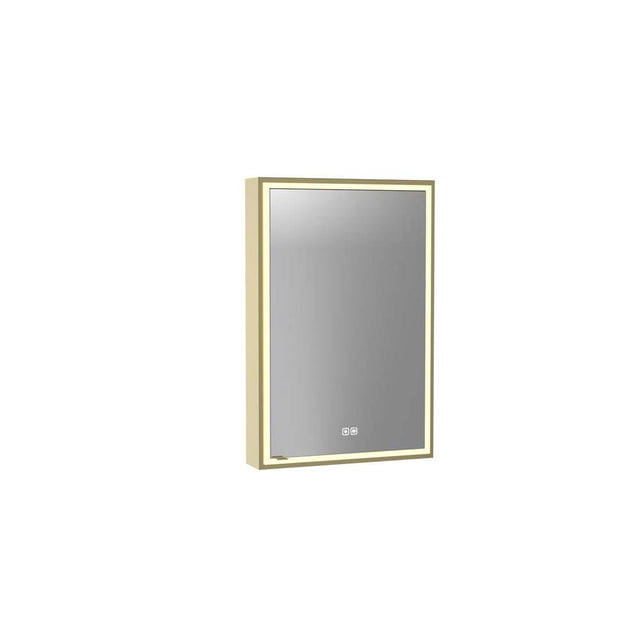 Madeli - Madeli Pioneer Lighted Mirrored Cabinet, Surface Mount, 20'' x 30'' x 4-3/4'', L Hinged, Frame in Satin Brass, 2700/4000K Temperature, Deffoger, Dimmable, Three-direction Light Diffuser - Satin Brass