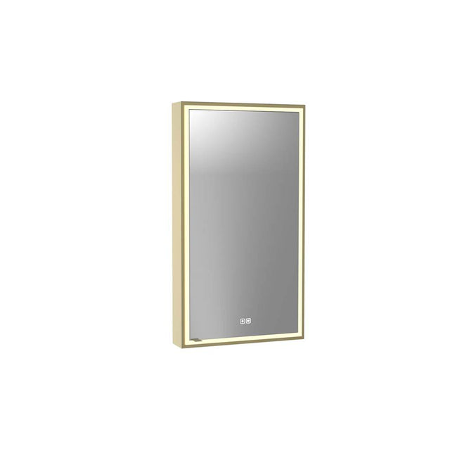 Madeli - Madeli Pioneer Lighted Mirrored Cabinet, Surface Mount, 20'' x 36'' x 4-3/4'', R Hinged, Frame in Satin Brass, 2700/4000K Temperature, Deffoger, Dimmable, Three-direction Light Diffuser - Satin Brass