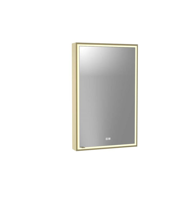 Madeli - Madeli Pioneer Lighted Mirrored Cabinet, Surface Mount, 24'' x 36'' x 4-3/4'', L Hinged, Frame in Satin Brass, 2700/4000K Temperature, Deffoger, Dimmable, Three-direction Light Diffuser - Satin Brass