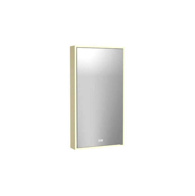 Madeli - Madeli Vanguard Lighted Mirrored Cabinet, Surface Mount, 20'' x 36'' x 4-3/4'', R Hinged, Side Kit in Satin Brass, 2700/4000K Temperature, Deffoger, Dimmable, Three-direction Light Diffuser - Satin Brass
