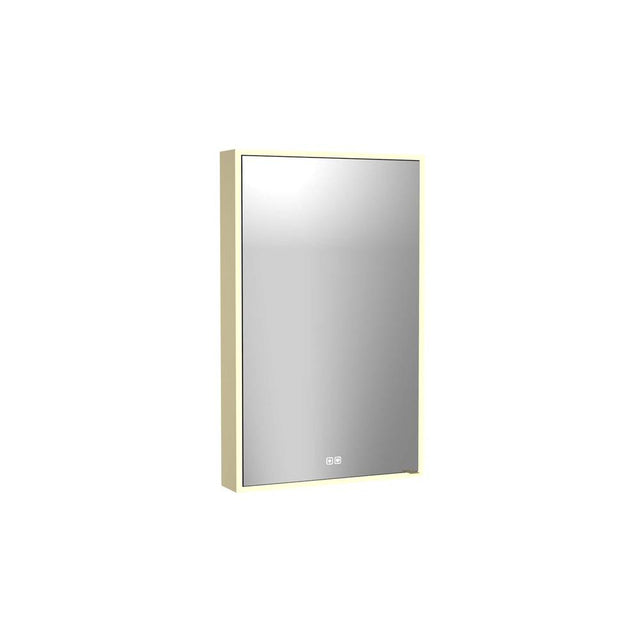 Madeli - Madeli Vanguard Lighted Mirrored Cabinet, Surface Mount, 24'' x 36'' x 4-3/4'', R Hinged, Side Kit in Satin Brass, 2700/4000K Temperature, Deffoger, Dimmable, Three-direction Light Diffuser - Satin Brass