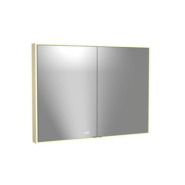 Madeli - Madeli Vanguard Lighted Mirrored Cabinet, Surface Mount, 48'' x 36'' x 4-3/4'', For Double Basin, Side Kit in Satin Brass, 2700/4000K Temperature, Deffoger, Dimmable, Three-direction Light Diffuser - Satin Brass