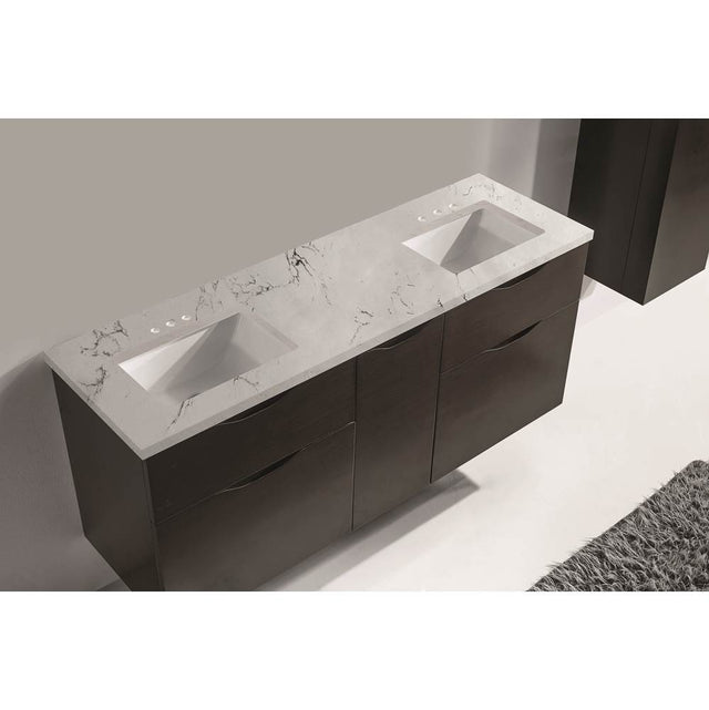 Madeli - Madeli Quartzstone Countertop,  60'' x 18'' x 3/4'', Double Basin,  8'' Widespread Faucet Holes in White Carrara - White Carrara