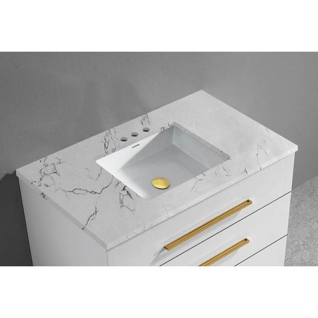 Madeli - Madeli Quartzstone Countertop,  30'' x 18'' x 3/4'', 8'' Widespread Faucet Holes in White Carrara - White Carrara