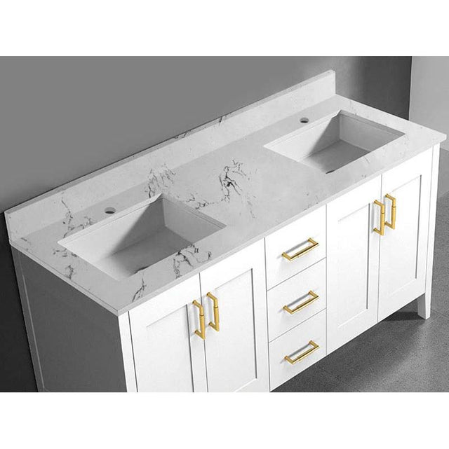 Madeli - Madeli Quartzstone Countertop,  60'' x 18'' x 3/4'', Double Basin,  Single Faucet Hole in White Carrara - White Carrara