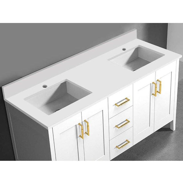 Madeli - Madeli Quartzstone Countertop,  60'' x 18'' x 3/4'', Double Basin,  Single Faucet Hole in White - White