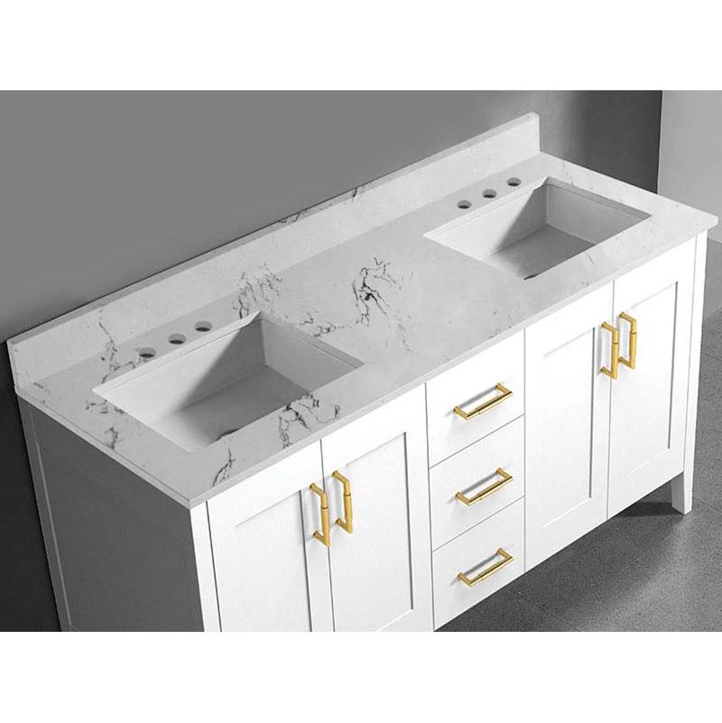 Madeli - Madeli Quartzstone Countertop,  60'' x 18'' x 3/4'', Double Basin,  8'' Widespread Faucet Holes in White Carrara - White Carrara