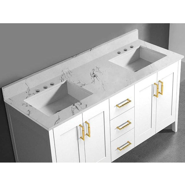 Madeli - Madeli Quartzstone Countertop,  60'' x 18'' x 3/4'', Double Basin,  8'' Widespread Faucet Holes in White Carrara - White Carrara