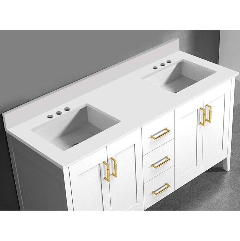 Madeli - Madeli Quartzstone Countertop,  60'' x 18'' x 3/4'', Double Basin,  8'' Widespread Faucet Holes in White - White