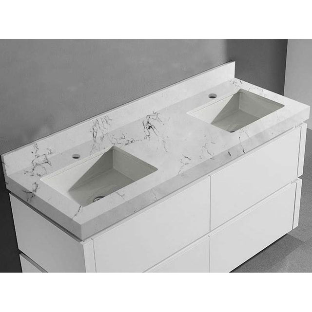 Madeli - Madeli Quartzstone Countertop,  60'' x 22'' x 3'', Double Basin,  Single Faucet Hole in White Carrara - White Carrara