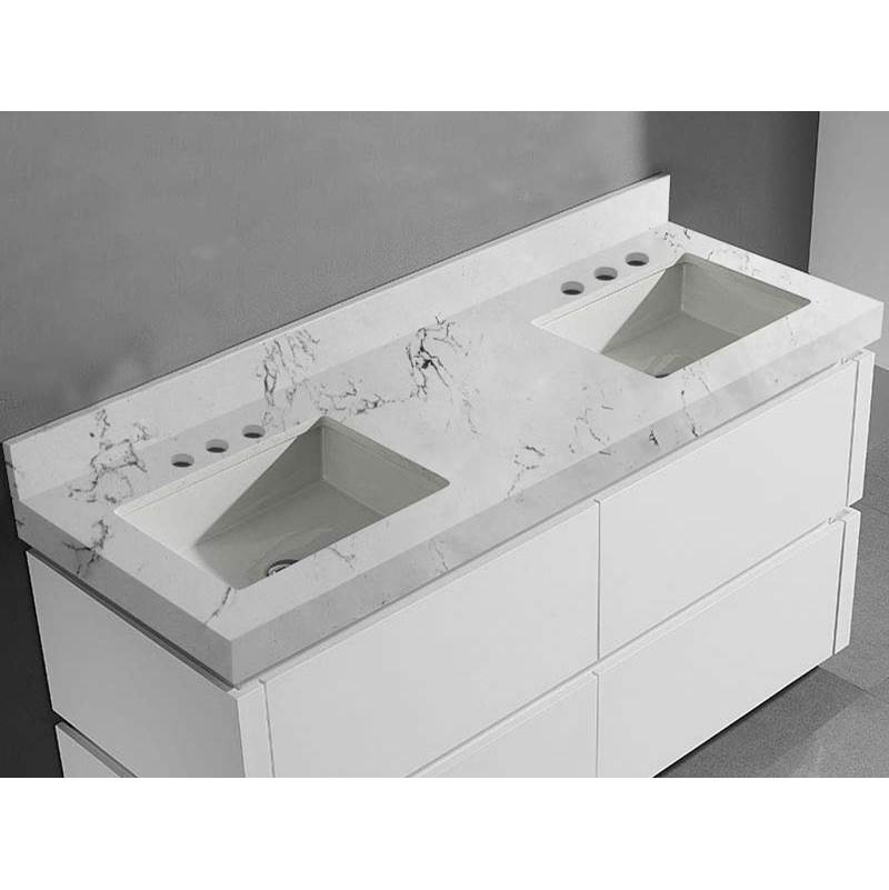 Madeli - Madeli Quartzstone Countertop,  60'' x 22'' x 3'', Double Basin,  8'' Widespread Faucet Holes in White Carrara - White Carrara