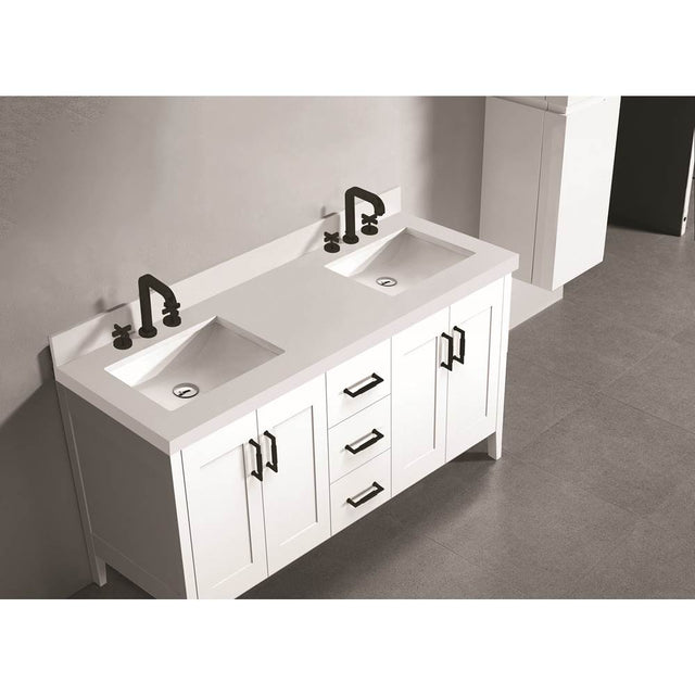 Madeli - Madeli Quartzstone Countertop,  60'' x 22'' x 3'', Double Basin,  8'' Widespread Faucet Holes in White - White
