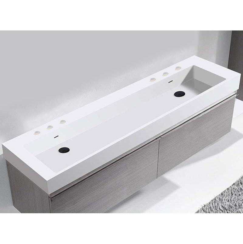 Madeli - Madeli X-Stone Trough Sink, 60'' x 18'' x 4-1/2'', Glossy White, 8'' Widespread Faucet Holes - Glossy White