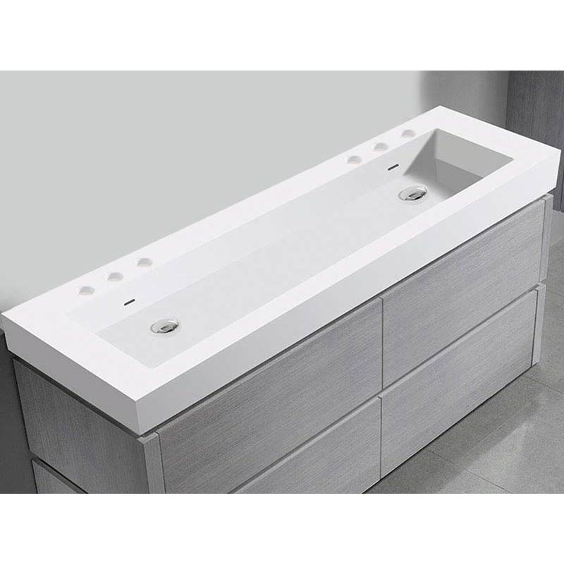 Madeli - Madeli X-Stone Trough Sink, 60'' x 22'' x 4-1/2'', Glossy White, 8'' Widespread Faucet Holes - Glossy White