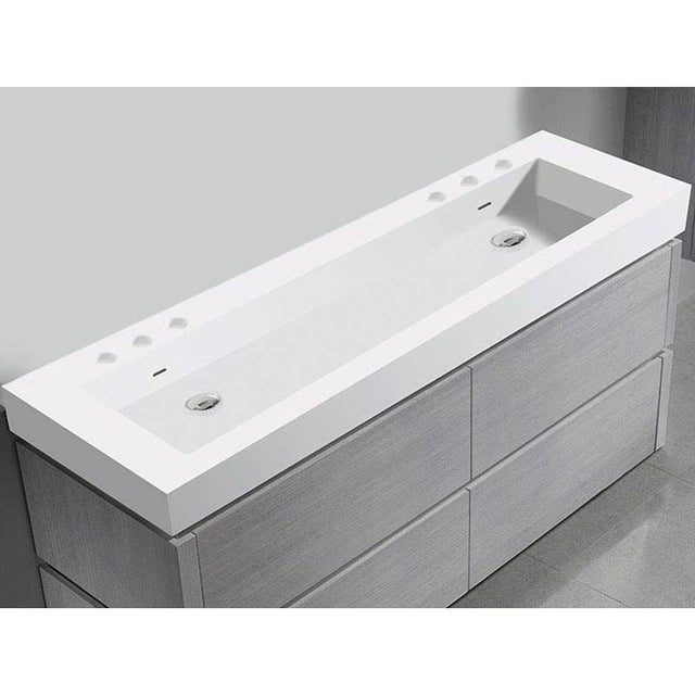 Madeli - Madeli X-Stone Trough Sink, 60'' x 22'' x 4-1/2'', Glossy White, 8'' Widespread Faucet Holes - Glossy White