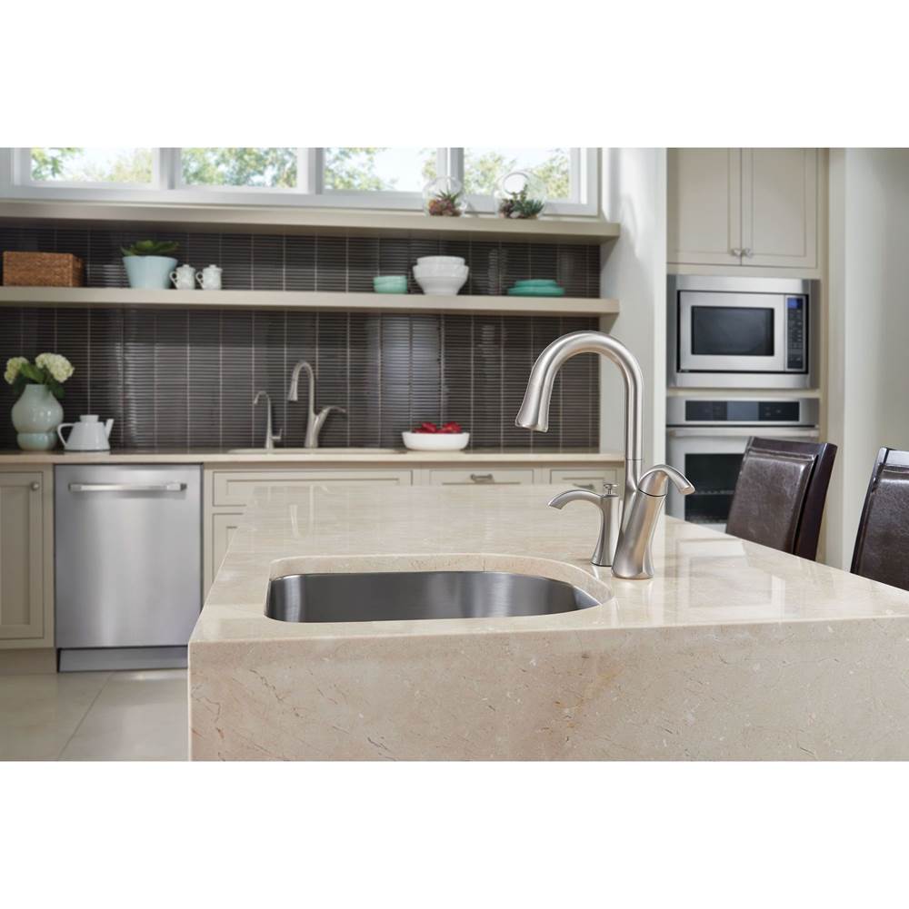 Transitional Deck Mounted Kitchen Soap Dispenser with Above the Sink Refillable Bottle, Brushed Gold
