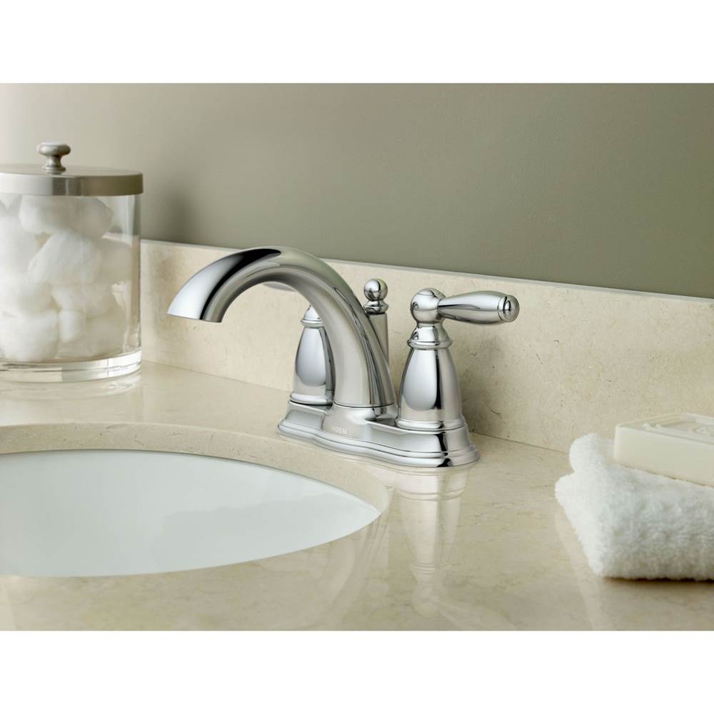 Brantford Two-Handle Low-Arc Centerset Bathroom Faucet with Drain Assembly, Chrome