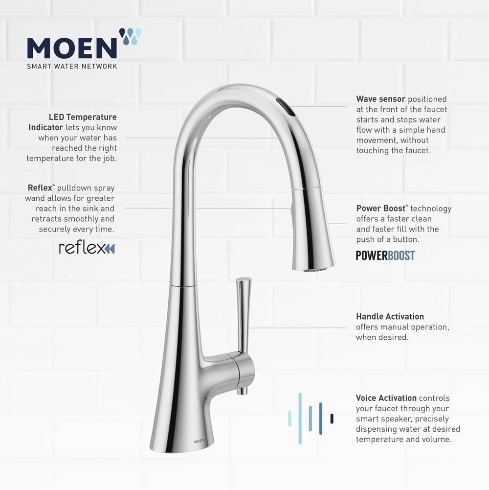 Kurv Smart Faucet Touchless Pull Down Sprayer Kitchen Faucet with Voice Control and Power Boost, Polished Nickel