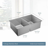 1600 Series 16 Gauge Double Bowl Undermount Sink, Stainless Steel