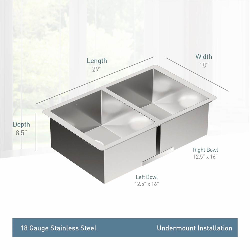 1800 Series Stainless Steel 29'' x 18'' 18 Gauge Double Bowl Sink Center Drain