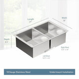 1800 Series Stainless Steel 29'' x 18'' 18 Gauge Double Bowl Sink Center Drain