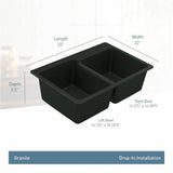 33-Inch Wide x 9.5-Inch Deep Dual Mount Granite Double Bowl Kitchen Sink, Black