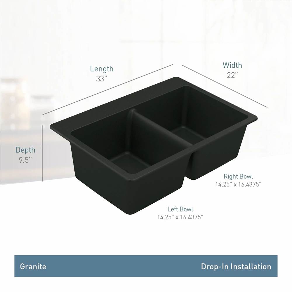 33-Inch Wide x 9.5-Inch Deep Dual Mount Granite Double Bowl Kitchen Sink, Black