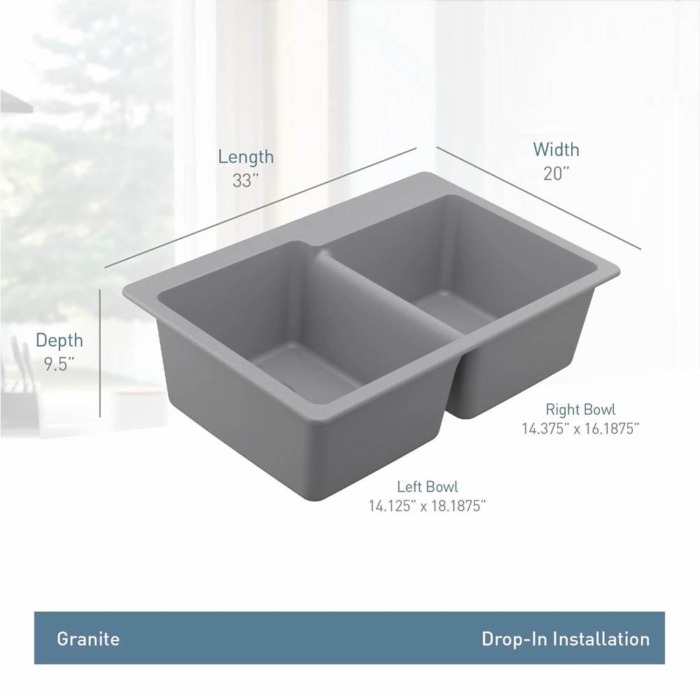 33-Inch Wide x 9.5-Inch Deep Dual Mount Granite Double Bowl Kitchen Sink, Black