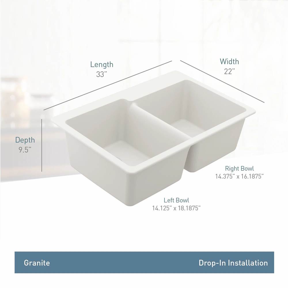 33-Inch Wide x 9.5-Inch Deep Dual Mount Granite Double Bowl Kitchen Sink, Black