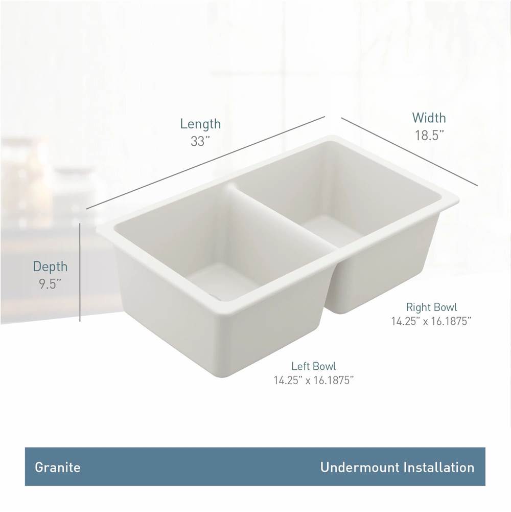 33-Inch Wide x 9.5-Inch Deep Undermount Granite Double Bowl Kitchen Sink, White