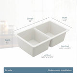 33-Inch Wide x 9.5-Inch Deep Undermount Granite Double Bowl Kitchen Sink, White