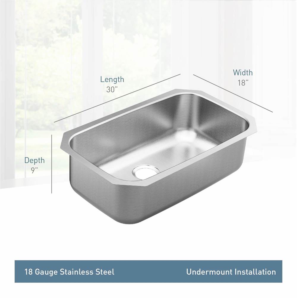 18000 Series 30-inch 18 Gauge Undermount Single Bowl Stainless Steel Kitchen Sink, 9-inch Depth